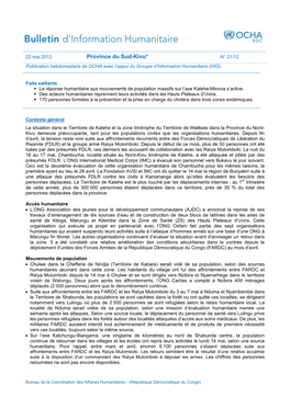 Province Du Sud-Kivu* N° 21/12 Publication Hebdomadaire De OCHA Avec L’Appui Du Groupe D’Information Humanitaire (HIG)