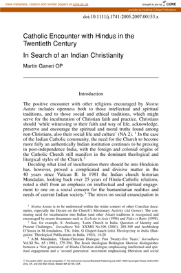 Catholic Encounter with Hindus in the Twentieth Century in Search of an Indian Christianity Martin Ganeri OP