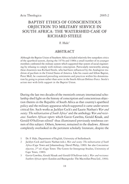 Baptist Ethics of Conscientious Objection to Military Service in South Africa: the Watershed Case of Richard Steele F