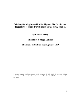 Scholar, Sociologist and Public Figure: the Intellectual Trajectory of Émile Durkheim in Fin-De-Siècle France