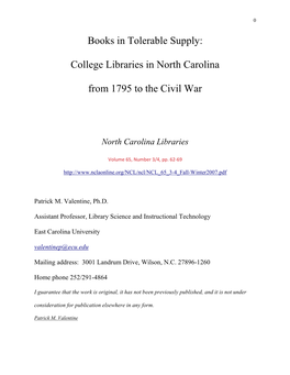 College Libraries in North Carolina from 1795 to the Civil War
