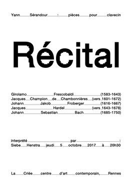 Yann Sérandour : Pièces Pour Clavecin Récital