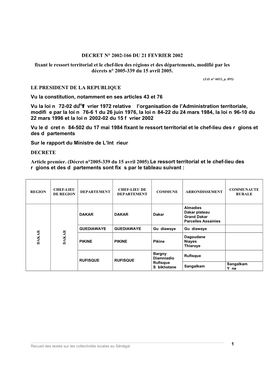 DECRET N° 2002-166 DU 21 FEVRIER 2002 Fixant Le Ressort