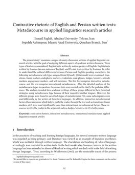 Contrastive Rhetoric of English and Persian Wri En Texts: Metadiscourse