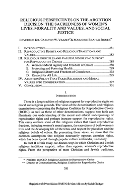 Religious Perspectives on the Abortion Decision: the Sacredness of Women's Lives, Morality and Values, and Social Justice