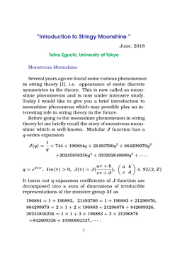 Introduction to Stringy Moonshine ” June, 2018 Tohru Eguchi, University of Tokyo