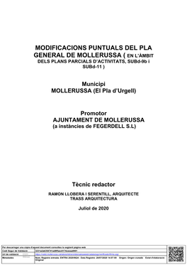 MODIFICACIONS PUNTUALS DEL PLA GENERAL DE MOLLERUSSA ( EN L’ÀMBIT DELS PLANS PARCIALS D’ACTIVITATS, Subd-9B I Subd-11 )