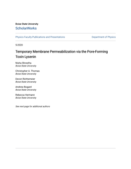 Temporary Membrane Permeabilization Via the Pore-Forming Toxin Lysenin