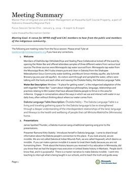 Meeting Summary Master Plan of Aligned Use and Water Management at Hiawatha Golf Course Property, a Part of Nokomis‐Hiawatha Regional Park