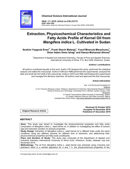 Extraction, Physicochemical Characteristics and Fatty Acids Profile of Kernel Oil from Mangifera Indica L