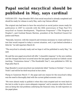 Papal Social Encyclical Should Be Published in May, Says Cardinal