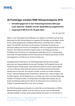 26 Preisträger Erhalten RWE Klimaschutzpreis 2016