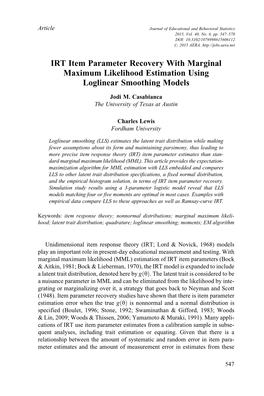 IRT Item Parameter Recovery with Marginal Maximum Likelihood Estimation Using Loglinear Smoothing Models