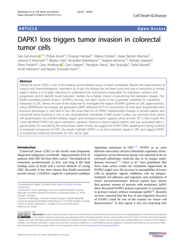 DAPK1 Loss Triggers Tumor Invasion in Colorectal Tumor Cells