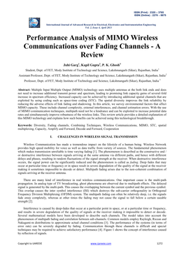 Performance Analysis of MIMO Wireless Communications Over Fading Channels - a Review