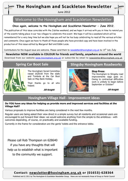 Welcome to the Hovingham and Scackleton Newsletter