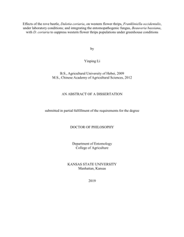 Effects of the Rove Beetle, Dalotia Coriaria, on Western Flower Thrips, Frankliniella Occidentalis, Under Laboratory Conditions