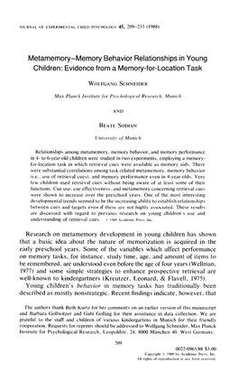 Metamemory-Memory Behavior Relationships in Young Children: Evidence from a Memory-For-Location Task