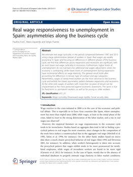 Real Wage Responsiveness to Unemployment in Spain: Asymmetries Along the Business Cycle Paulino Font*, Mario Izquierdo and Sergio Puente