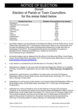 NOTICE of ELECTION Dorset Election of Parish Or Town Councillors for the Areas Listed Below
