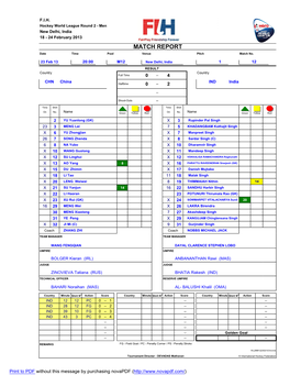 MATCH REPORT Date Time Pool Venue Pitch Match No