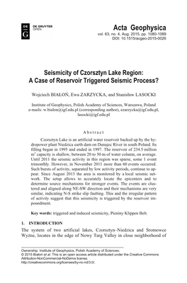 Seismicity of Czorsztyn Lake Region: a Case of Reservoir Triggered Seismic Process?