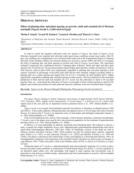 ORIGINAL ARTICLES Effect of Planting Date and Plant Spacing on Growth, Yield and Essential Oil of Mexican Marigold (Tagetes Luci