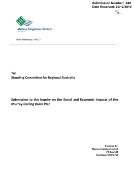 To: Standing Committee for Regional Australia Submission to the Inquiry
