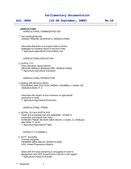 Parliamentary Documentation Vol. XXXV (16-30 September, 2009) No.18