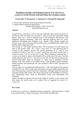 Population Dynamic and Biological Aspects of Scombermorus Commerson in the Persian Gulf and Oman Sea (Iranian Coastal)