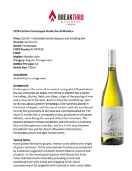 2018 Cantine Fontezoppa Verdicchio Di Matelica Price: $19.95 +