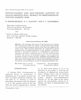 Hypoglycaemic and Anti-Oxidant Activity of Salacia Oblonga Wall. Extract in Streptozotocin- Induced Diabetic Rats