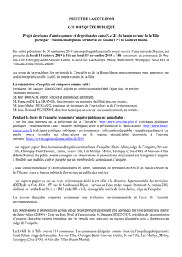 PRÉFET DE LA CÔTE-D'or AVIS D'enquête PUBLIQUE Projet De Schéma D'aménagement Et De Gestion Des Eaux (SAGE) Du Bassin V