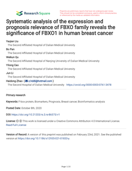 Systematic Analysis of the Expression and Prognosis Relevance of FBXO Family Reveals the Signifcance of FBXO1 in Human Breast Cancer