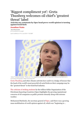 Greta Thunberg Welcomes Oil Chief's