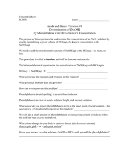 Acids and Bases: Titration #1 Determination of [Naoh] by Microtitration with Hcl of Known Concentration