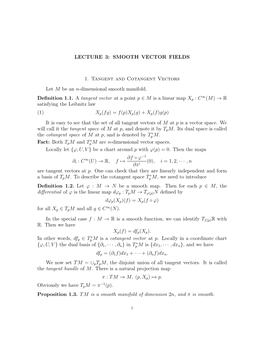 LECTURE 3: SMOOTH VECTOR FIELDS 1. Tangent and Cotangent