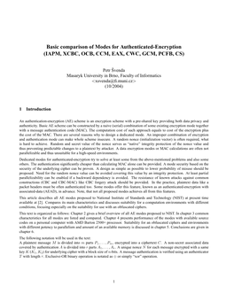 Basic Comparison of Modes for Authenticated-Encryption (IAPM, XCBC, OCB, CCM, EAX, CWC, GCM, PCFB, CS)