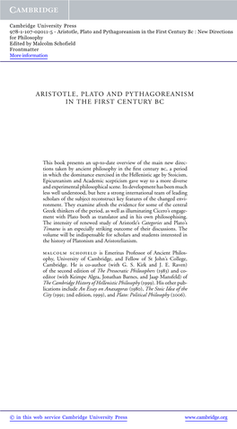 Aristotle, Plato and Pythagoreanism in the First Century Bc : New Directions for Philosophy Edited by Malcolm Schofield Frontmatter More Information