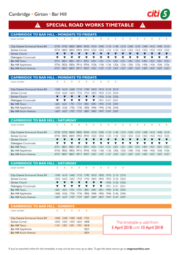 Cambridge • Girton • Bar Hill SPECIAL ROAD WORKS TIMETABLE