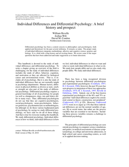 Individual Differences and Differential Psychology: a Brief History and Prospect