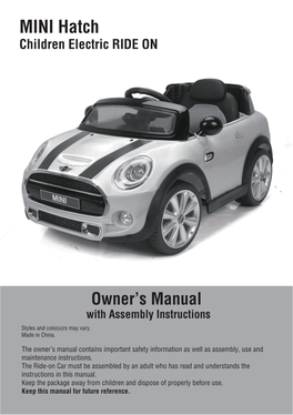 MINI Hatch Children Electric RIDE on Owner's Manual with Assembly