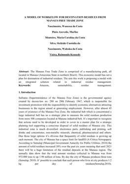 A MODEL of WORKFLOW for DESTINATION RESIDUES from MANAUS FREE TRADE ZONE Nascimento, Wanessa Da Costa Pinto Azevedo, Marlise Mo