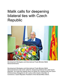 Malik Calls for Deepening Bilateral Ties with Czech Republic