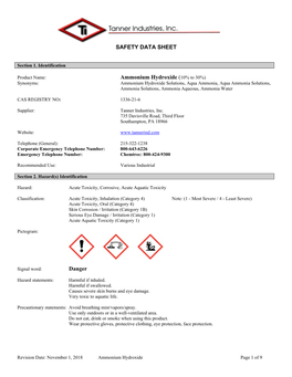 Ammonia Hydroxide Safety Data Sheet