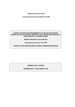 Département Des Côtes D'armor Communauté De Communes Lamballe Terre & Mer DOSSIER D'autorisation ENVIRONNEMENTALE ET