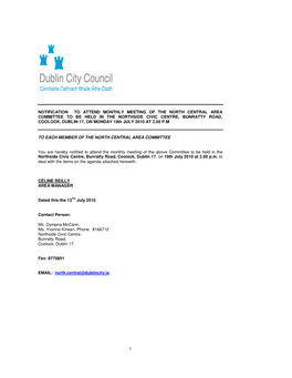 1 Notification to Attend Monthly Meeting of the North Central Area Committee to Be Held in the Northside Civic Centre, Bunratty