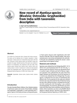 New Record of Hyotissa Species (Bivalvia: Ostreoida: Gryphaeidae) from India with Taxonomic Description