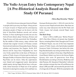 The Vedic-Aryan Entry Into Contemporary Nepal [A Pre-Historical Analysis Based on the Study of Puranas]