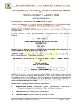 Página 1 De 181 PUBLICADA EN LA GACETA OFICIAL DE LA CIUDAD DE MÉXICO EL 29 DE DICIEMBRE DE 2016. ADMINISTRACIÓN PÚBLICA DE